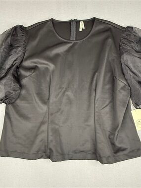 Moon Orchid Black Satin Puff Sleeve Blouse Sheer Sleeve Size 26/28 NWT